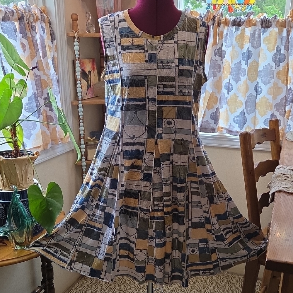 SHAN Yellow and Blue Sleeveless A-Line Midi Dress   B